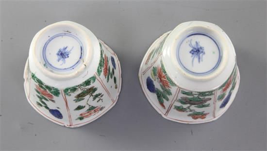 Two Chinese famille verte hexagonal cups and a pair of similar saucers, Kangxi period, 6.5cm and 13.5cm, faults